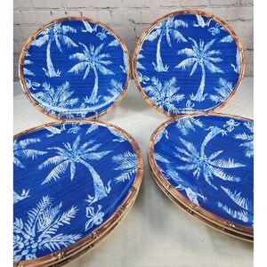 Member's Mark Cobalt Blue White Palm Trees Faux Rattan Trim 6 Melamine Plates